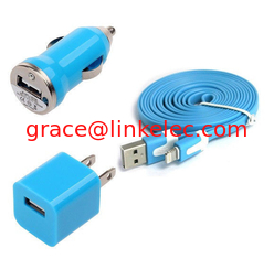 China USB Home AC Wall charger+Car Charger+8 Pin Sync USB Cord for iPhone 5 5S 5C 5G Blue supplier