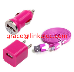 China USB Home AC Wall charger+Car Charger+8 Pin Sync USB Cord for iPhone 5 5S 5C 5G Pink supplier