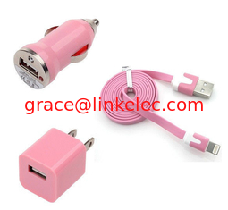 China USB Home AC Wall charger+Car Charger+8 Pin Sync USB Cord for iPhone 5 5S 5C 5G Light Pink supplier
